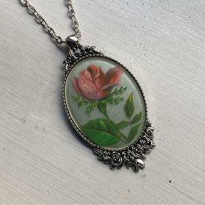 Large rose cabochon pendant in silver rose setting